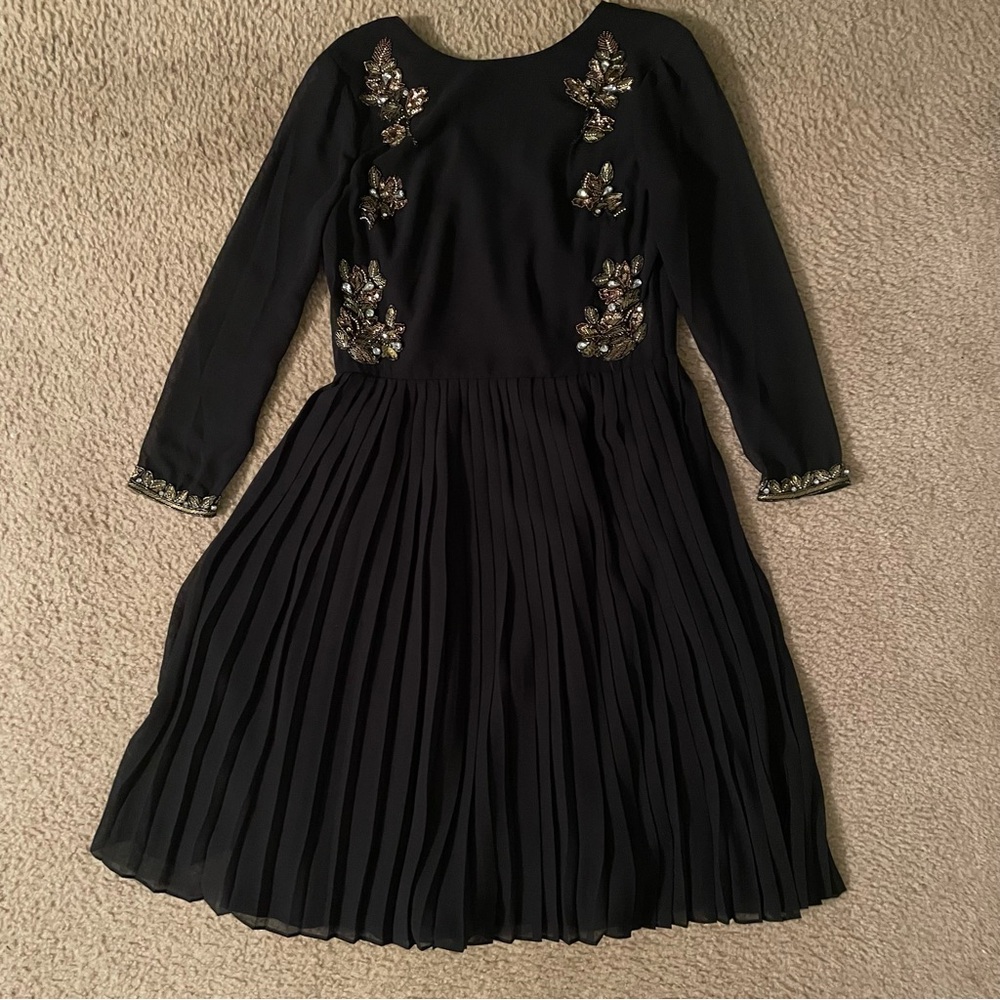 Ted Baker evening dress size 2 Gold floral black pleated dress see size chart